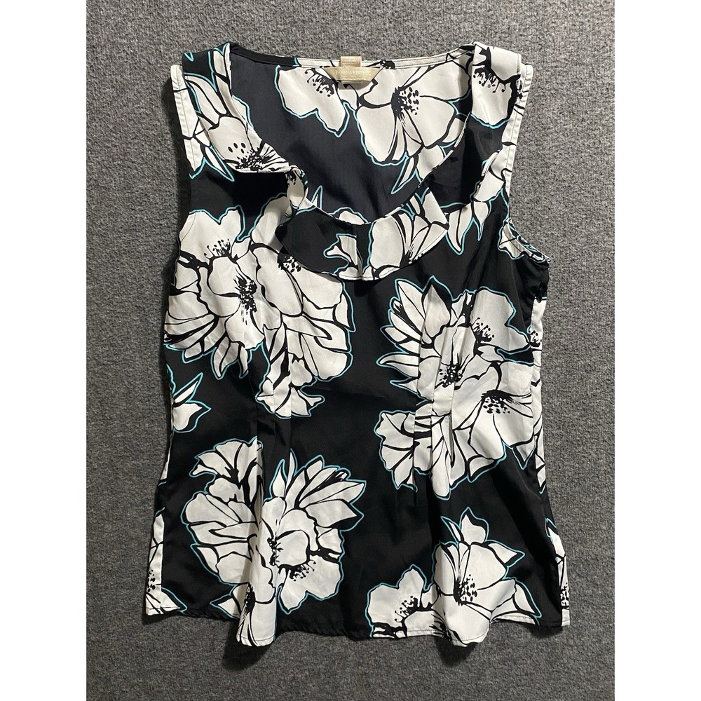 Banana Republic Sleeveless Ruffle Neck Floral Blouse Black Blue White Size 4